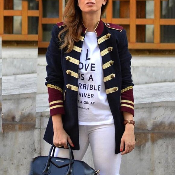 ZARA Velvet Military Jacket Navy Blue Velour Blazer Coat Rare - Picture 6 of 16